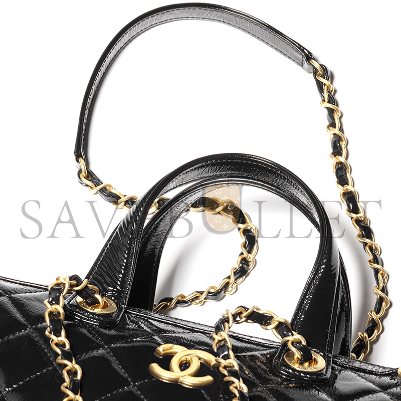 CHANEL LARGE BOWLING BAG PATENT CRUMPLED CALFSKIN & GOLD-TONE METAL BLACK AS5579 (31*17*13cm)